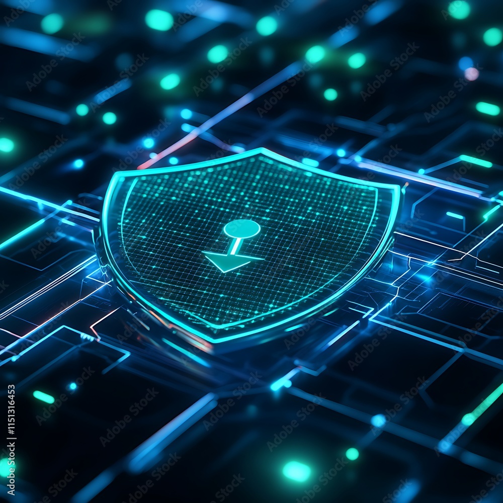 Poster digital security shield concept with neon blue lights and circuit patterns representing cyber protec