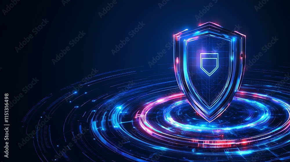 Poster digital security shield design in bright blue and red circular patterns on a dark background