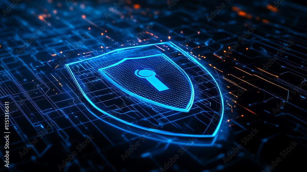 Poster digital security shield icon with keyhole set against futuristic circuit background in blue and oran