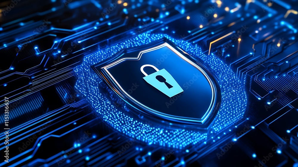 Poster digital security shield icon with lock symbol over circuit board background in blue light effect