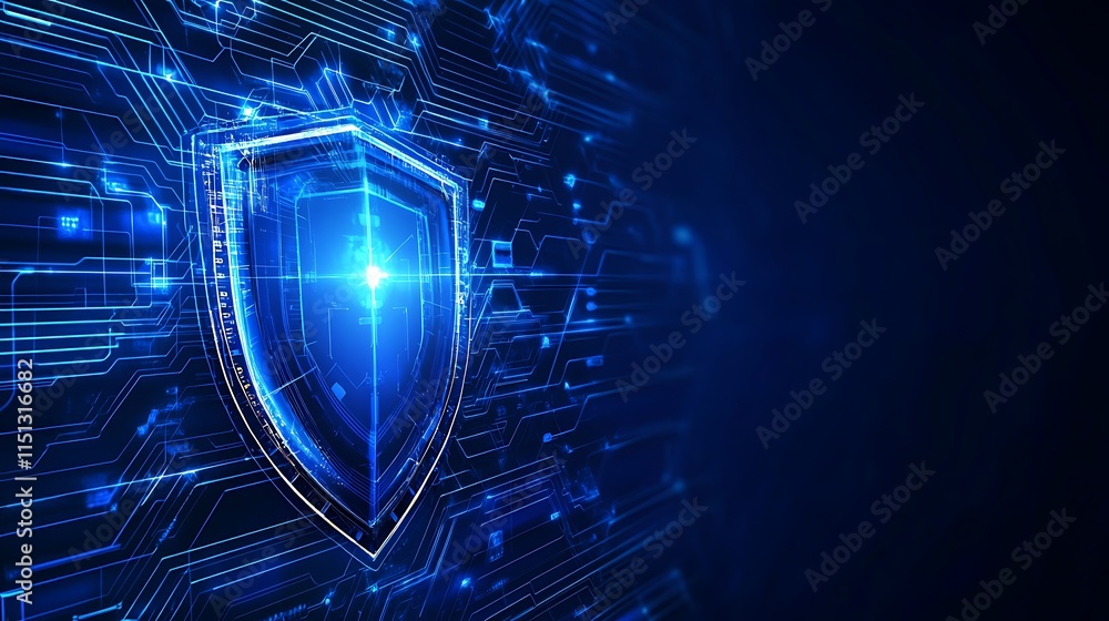 Poster digital security shield on abstract circuit technology background representing data protection and c
