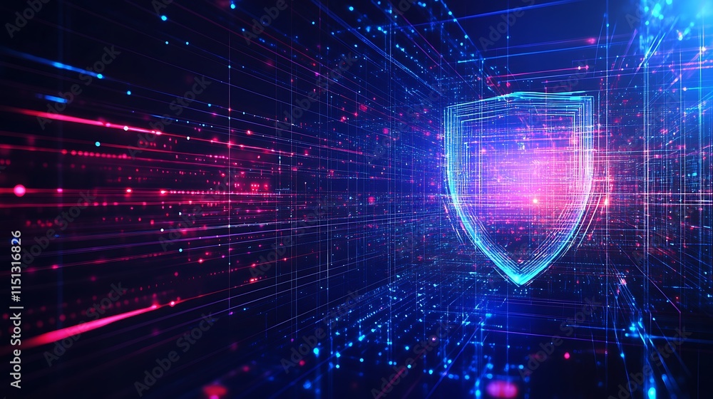 Aufkleber digital security shield representing data protection in cyber space with bright neon colors and patt