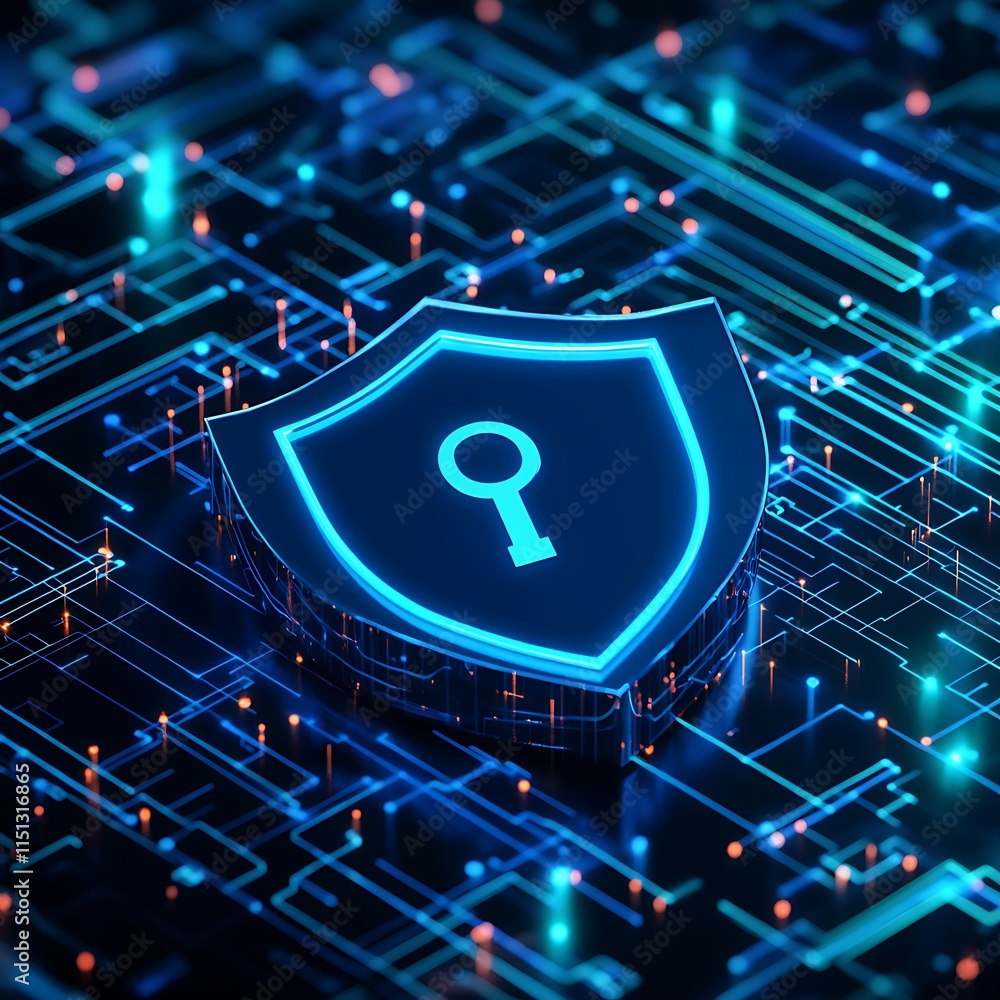 Poster digital security shield symbol on a futuristic blue technology background with glowing circuits and 