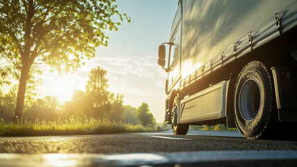 driving truck during spring on the road during mid-day with a low Angle with side-lighting 