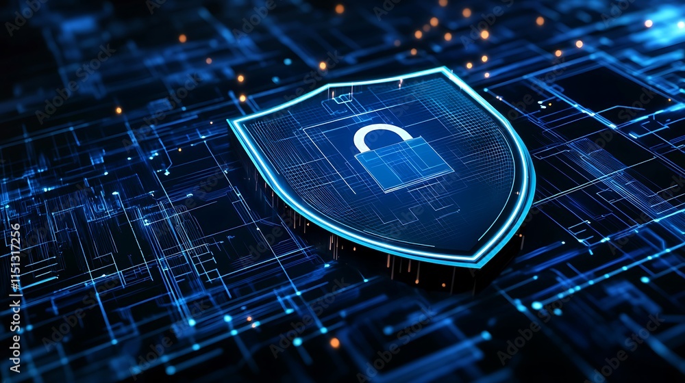 Poster digital security shield with lock icon on abstract technology background in blue and black colors