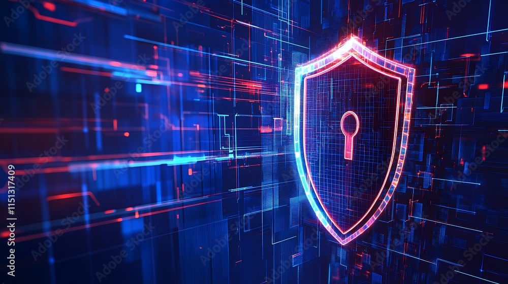 Poster digital security shield with lock symbol representing cybersecurity and data protection concept