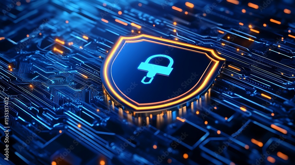 Poster digital security shield with lock symbol on futuristic circuit board background in blue and orange l