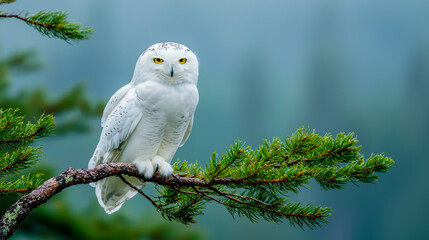 Fototapeta premium Snowy owl perched on pine branch in serene forest setting