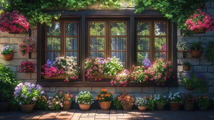 Fototapeta premium Cozy home with windows adorned by hanging flower baskets and potted plants.