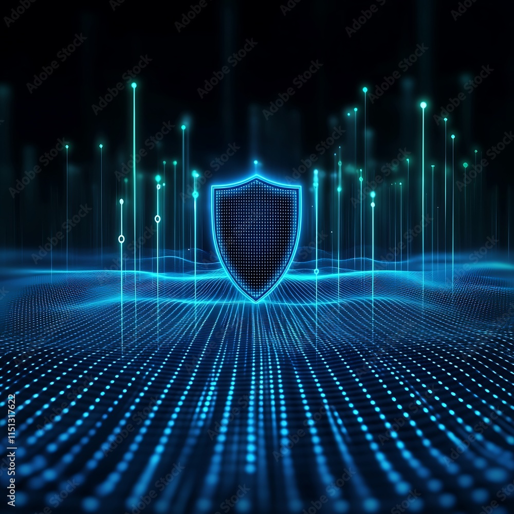 Poster digital shield and data network visualization with blue light effects and abstract technology backgr