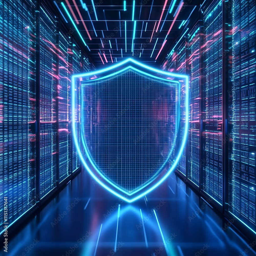 Aufkleber digital shield concept in a futuristic server room with neon lights and data streams for cybersecuri