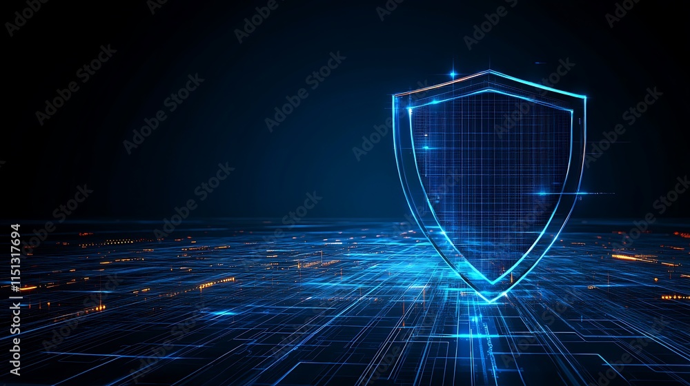 Poster digital shield concept representing cyber security in a glowing blue technology background with grid