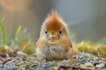 Fototapeta premium Small fluffy baby bird with orange mohawk resting on forest floor