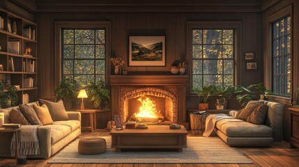Cozy living room with a roaring fire