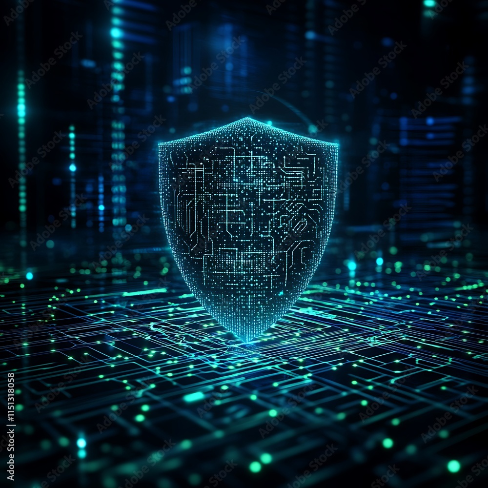 Poster digital shield concept representing cybersecurity protection with data streams and technology elemen