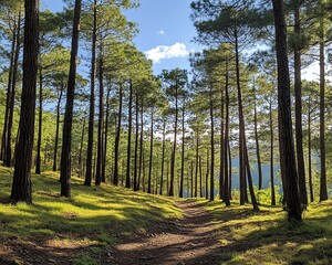 Obraz premium Lush, vibrant green pine trees growing from rich soil in a peaceful forest, with sunlight casting dappled shadows and highlighting the healthy greenery