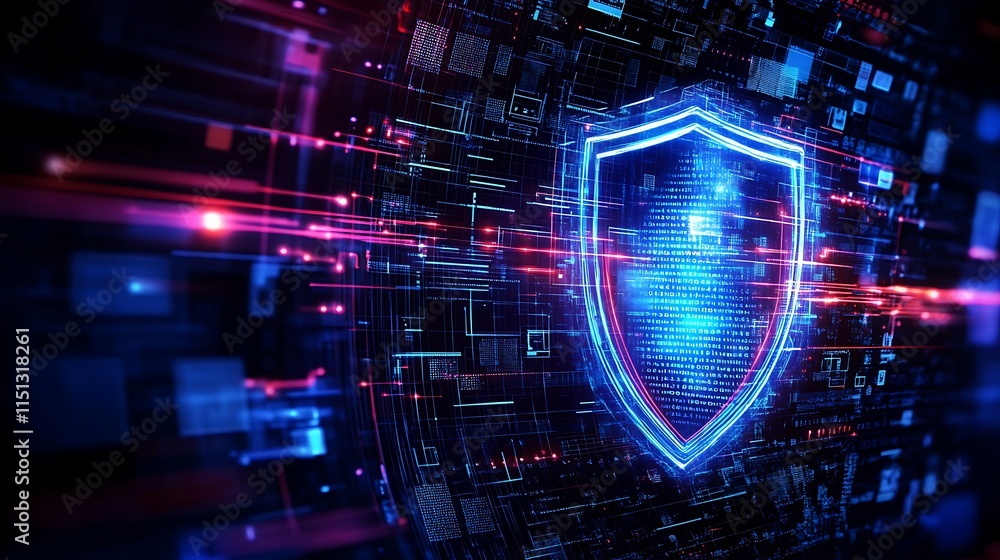 Poster digital shield concept with abstract data patterns and glow effects for cybersecurity and data prote