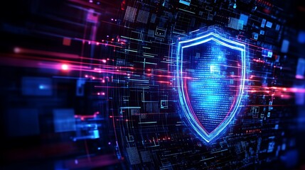 Digital Shield Concept with Abstract Data Patterns and Glow Effects for Cybersecurity and Data Protection Themes