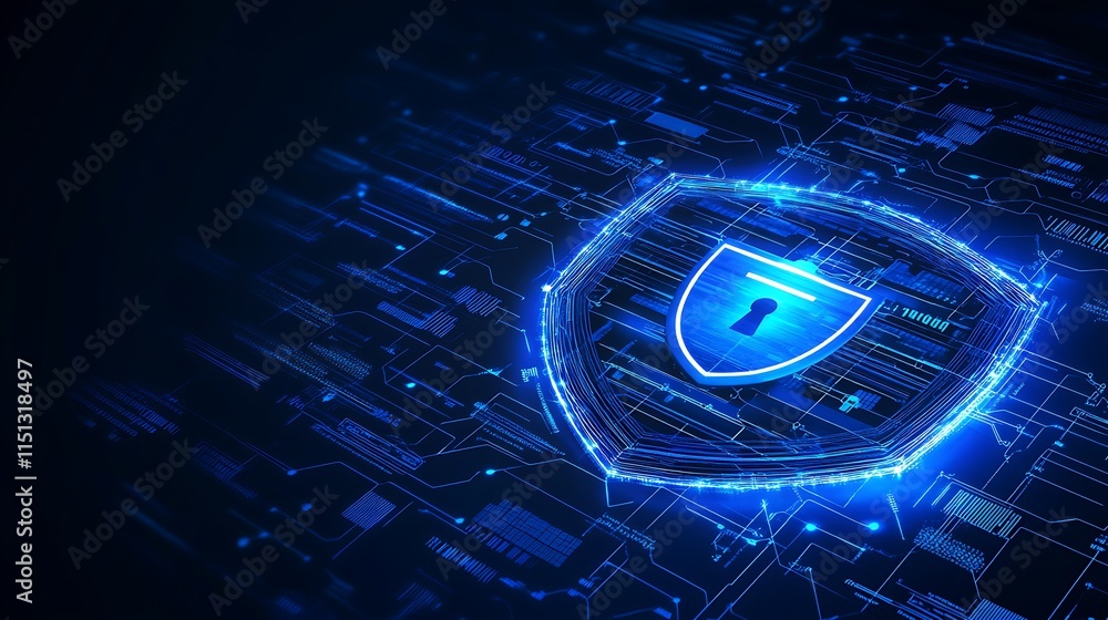 Poster digital shield concept with lock symbol against blue circuit background for cybersecurity and protec