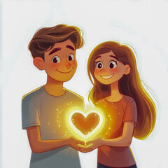 Young caucasian teens holding a glowing heart symbol with smiles