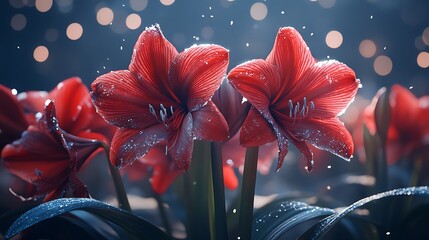 A lush display of crimson amaryllis flowers surrounded by sparkling frost.