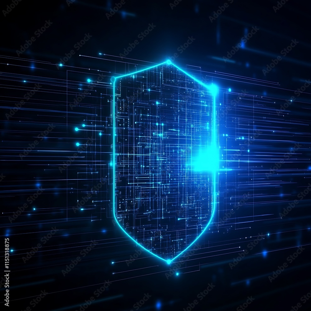 Poster digital shield graphic with blue light effects and data streams representing cyber security and prot