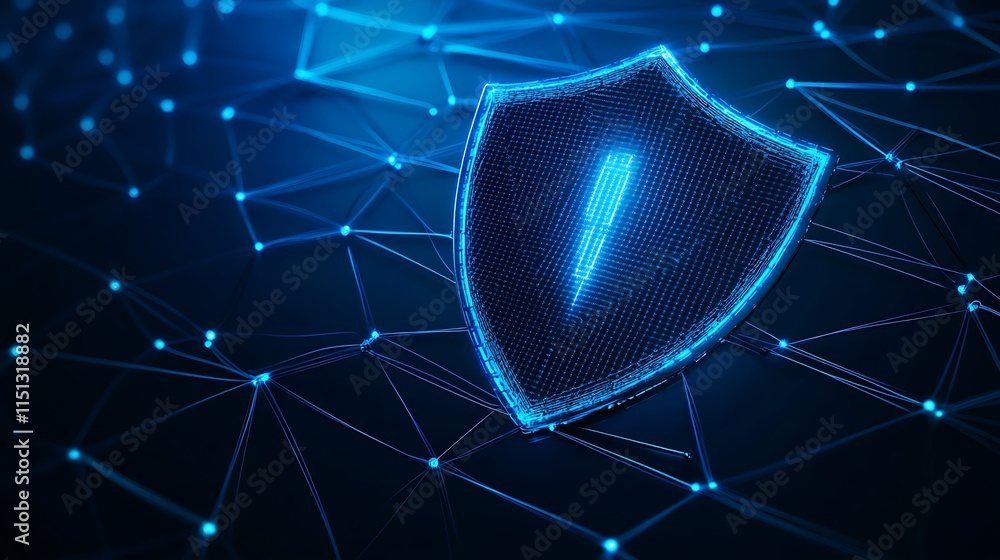 Poster digital shield graphic representing cybersecurity protection and data safety in a futuristic technol