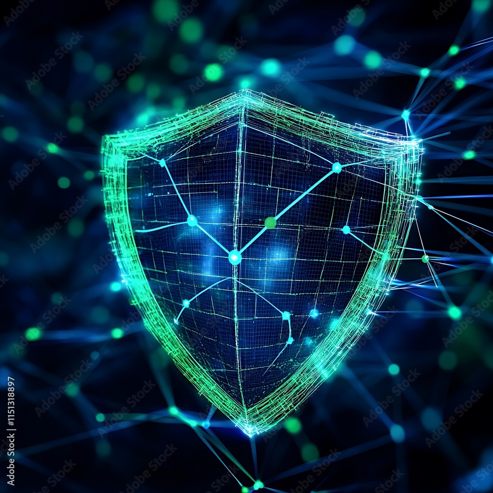 Poster digital shield graphic representing cybersecurity and data protection in virtual environment