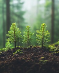 A closeup of lush green pine trees growing from the earth, with rich soil and fresh green needles standing out against a soft, misty forest background