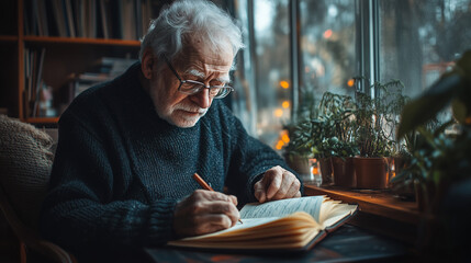 Concentrated grandfather writing a letter near the window