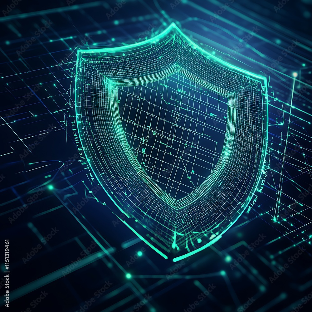 Poster digital shield icon representing cybersecurity protection on a futuristic background with data patte
