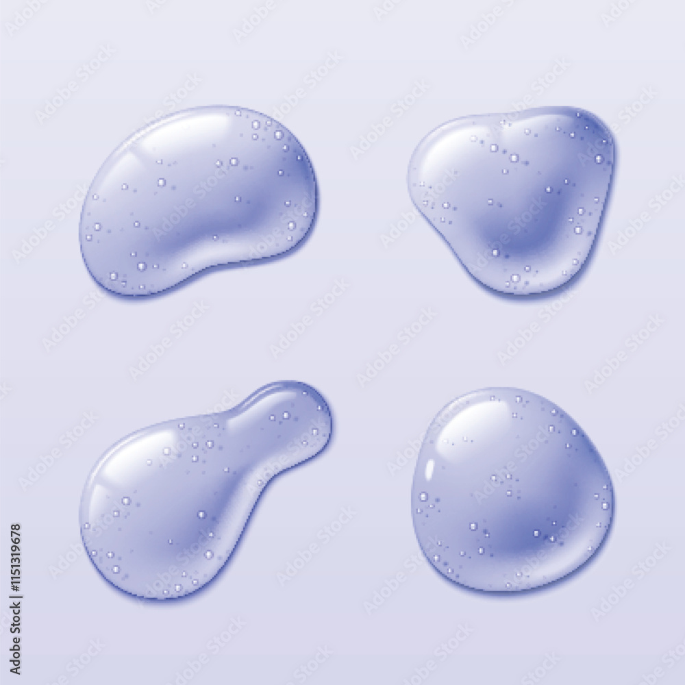 Poster transparent jelly drops with different organic shapes - circular, oval and curved forms. glossy bubb