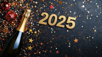 New Year Celebration 2025: Golden Decorations, Champagne Bottle, Glittering Stars, and Festive Confetti on Black Background