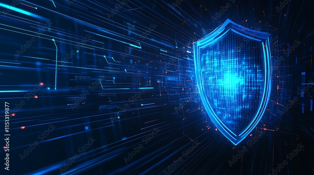 Aufkleber digital shield icon with futuristic data flow and blue light effects representing cybersecurity prot