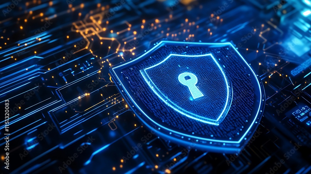 Poster digital shield icon with lock on futuristic technology background representing cybersecurity protect