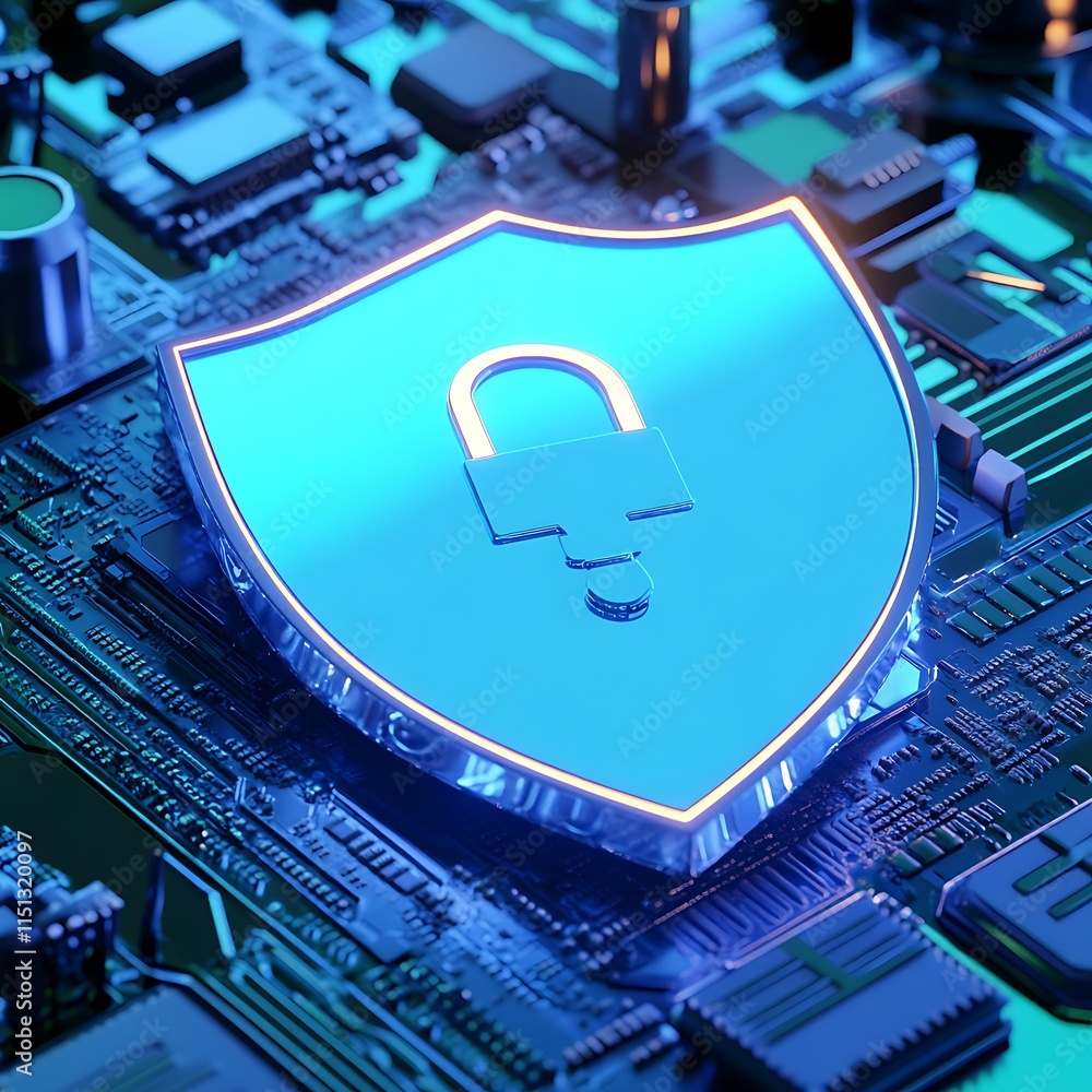 Poster digital shield icon with lock symbol on circuit board background for cybersecurity concepts and prot
