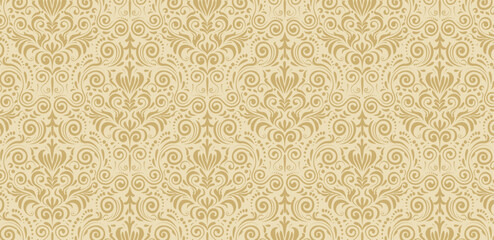 Damask vector pattern ornate floral. Classic beige and gold damask vector pattern with swirling floral motifs. Elegant and ornate repeating design