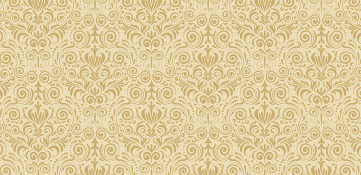 Damask vector pattern ornate floral. Classic beige and gold damask vector pattern with swirling floral motifs. Elegant and ornate repeating design