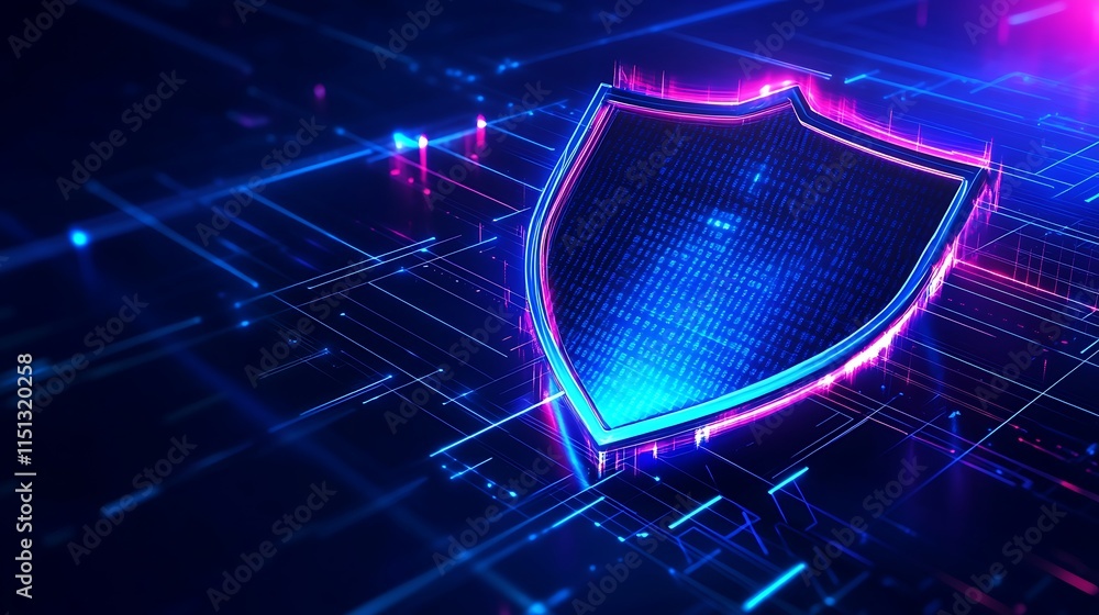 Poster digital shield icon with neon effects representing cybersecurity and data protection in a high-tech 