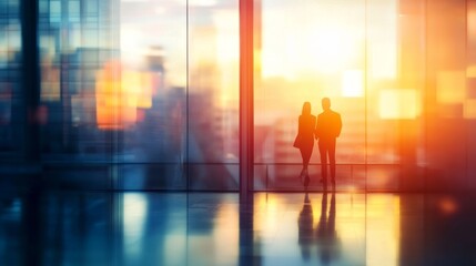Modern business office interior with panoramic windows, elegant lighting, and blurred view of professional businesspeople in a collaborative workspace for contemporary corporate environment themes