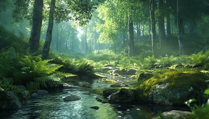 Obraz premium A peaceful forest scene with fresh green ferns growing along the edge of a stream, surrounded by mosscovered rocks and dappled sunlight creating a serene atmosphere