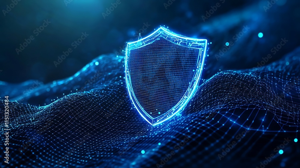 Poster digital shield on abstract wave form with blue glow and cyber security concept for technology backgr