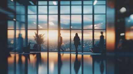Modern business office interior with panoramic windows, elegant lighting, and blurred view of professional businesspeople in a collaborative workspace for contemporary corporate environment themes