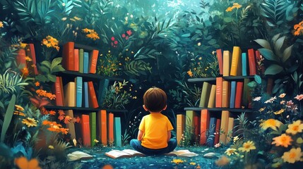 Curious child exploring nature, surrounded by colorful books and plants.