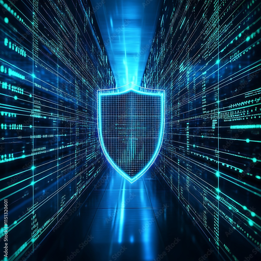 Poster digital shield on data corridor with glowing lines in futuristic cyber security environment