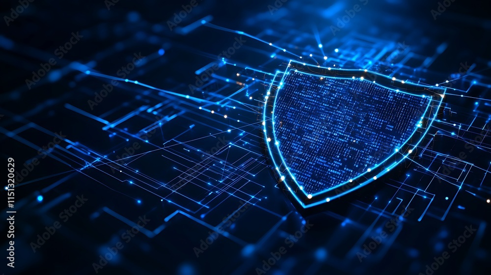 Poster digital shield protecting data in cyber environment with futuristic background and abstract connecti