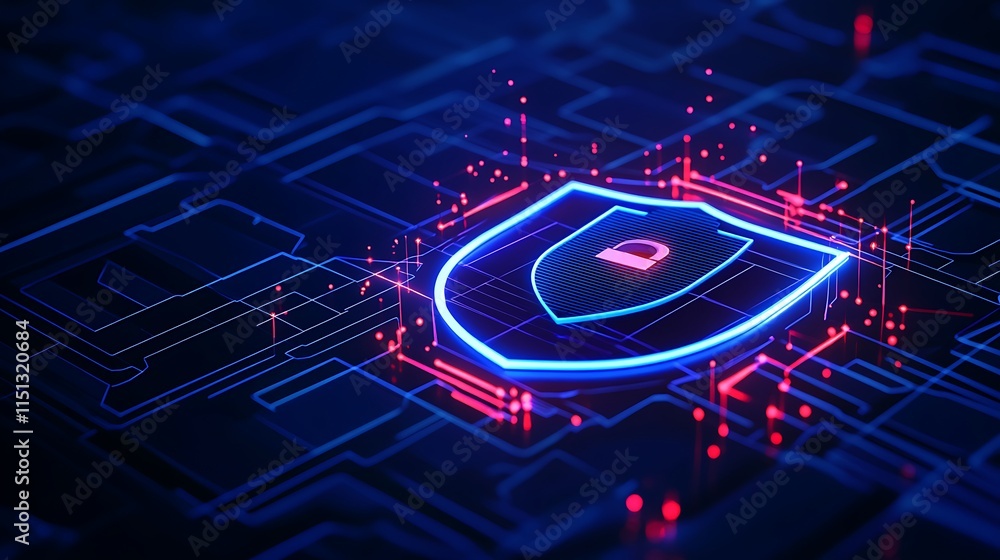 Poster digital shield protection concept with neon lights and circuit board background in cybersecurity the