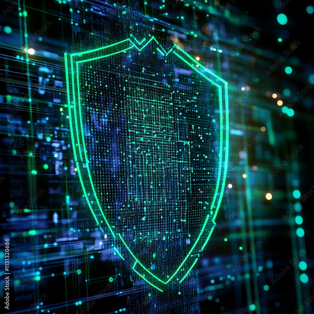 Poster digital shield protection concept with neon lights and data streams on a futuristic background