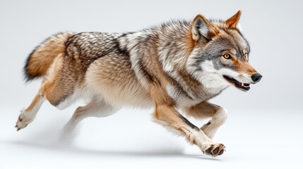 Obraz premium Gray wolf running, full body, side profile, against white background.