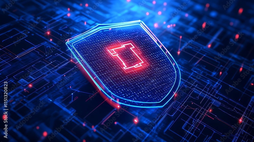 Poster digital shield representing cyber security in a high-tech data network with glowing elements